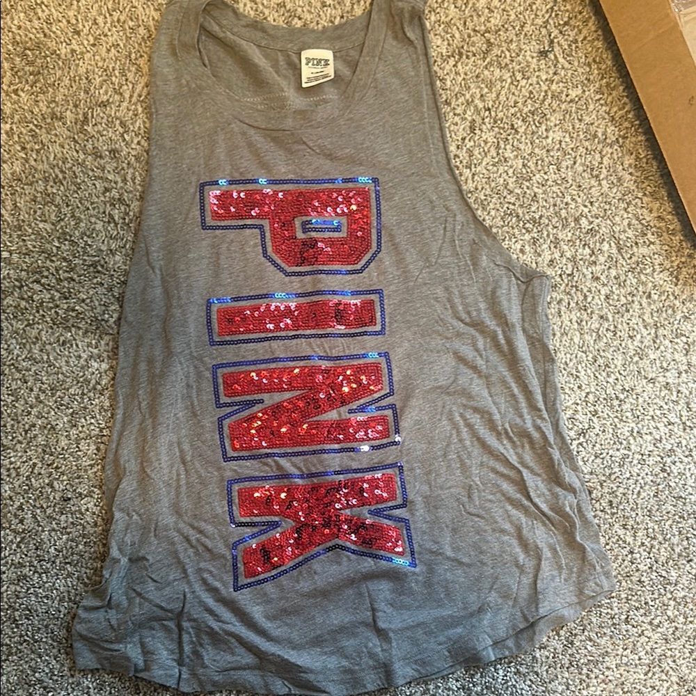 Gray Tank Top with Red Sequin Logo